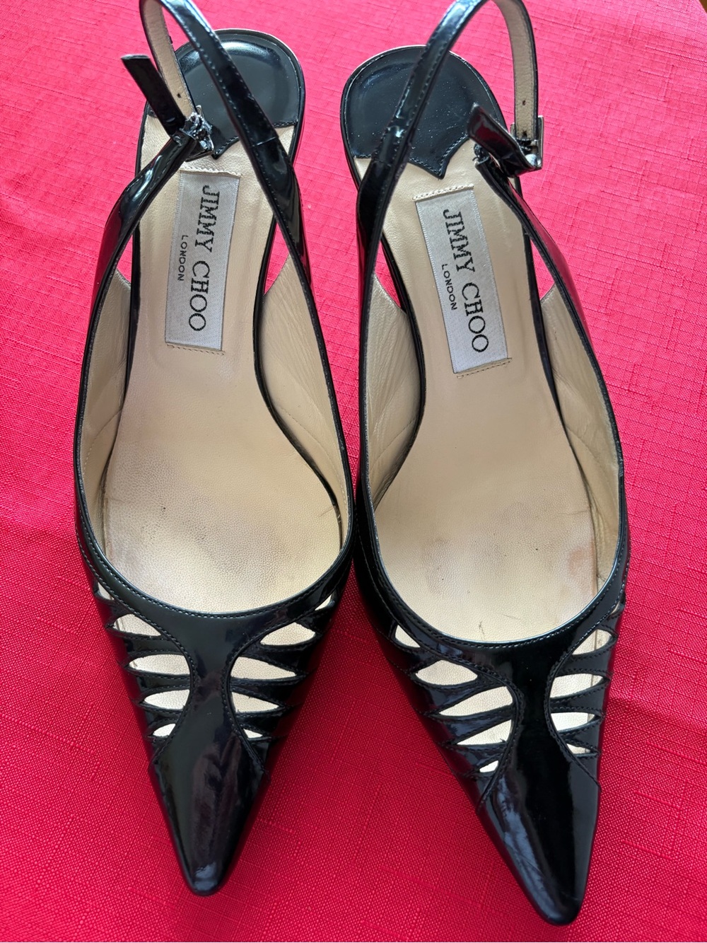 Jimmy Choo Black Patent Slingback Pointed-Toe Heels with Cutouts